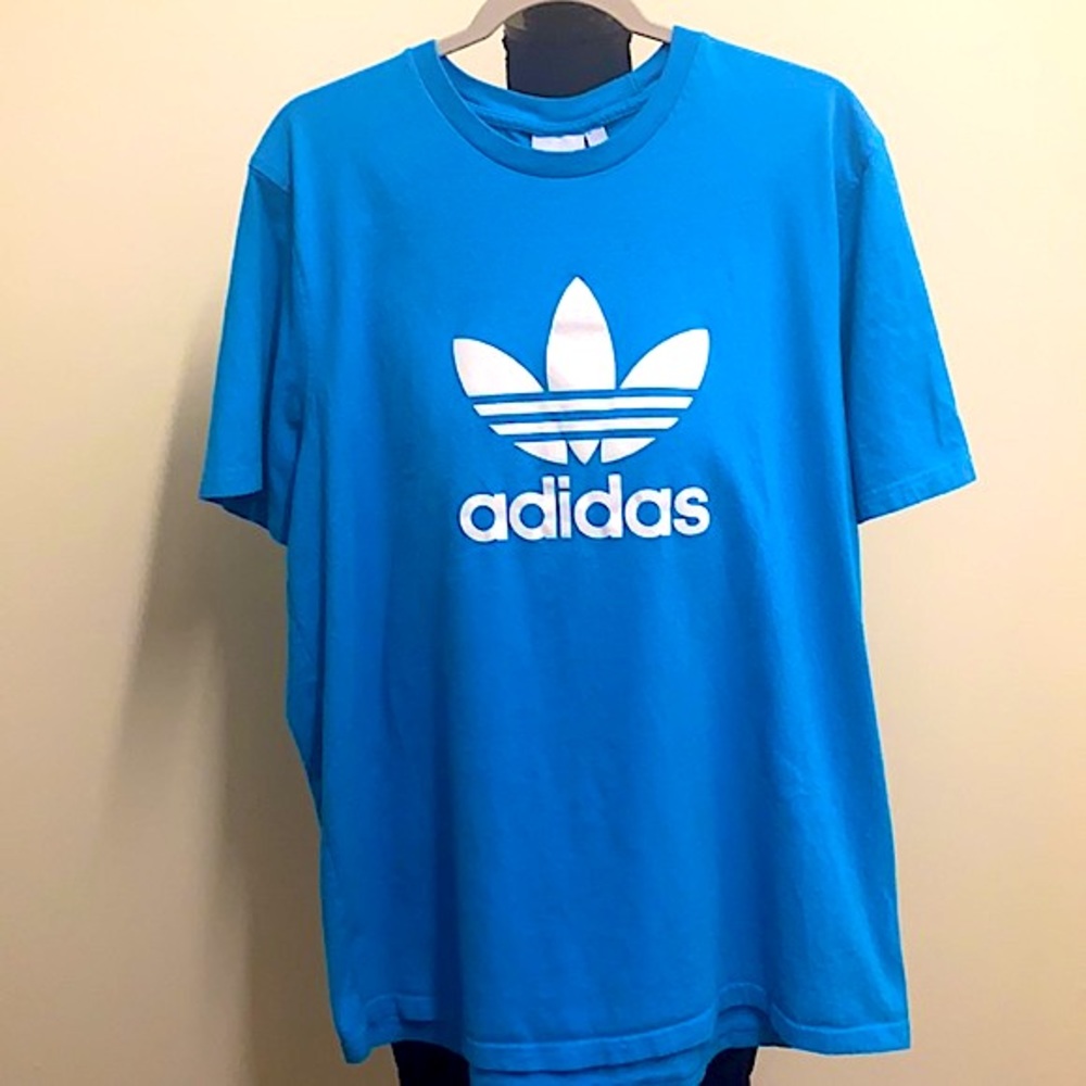 Adidas Blue Men’s Short Sleeve Shirt With White Logo On Front